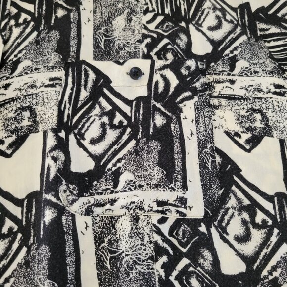 Vintage MTO Black and White Geometric Abstract Short Sleeve Shirt Size XL Rayon - Picture 2 of 8